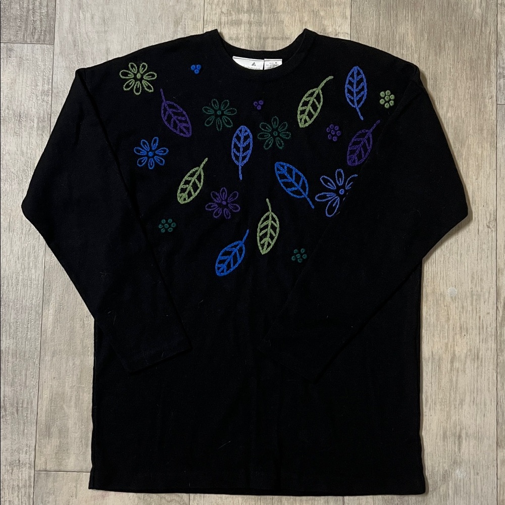 Vintage Liz Claiborne Black Sweater with Vibrant Embroidery